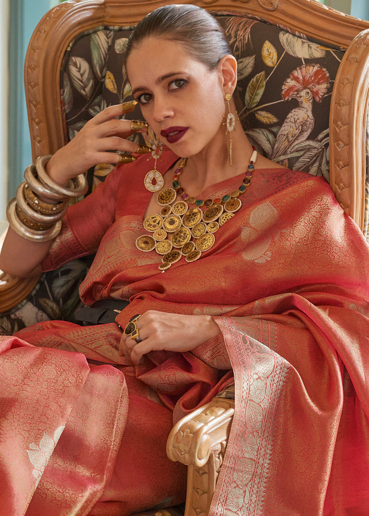 Shades Of Red Woven Satin Tissue Silk Saree