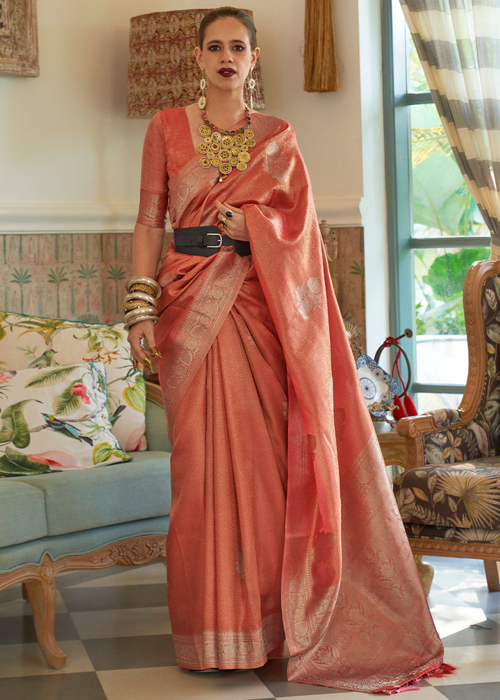 Shades Of Red Woven Satin Tissue Silk Saree