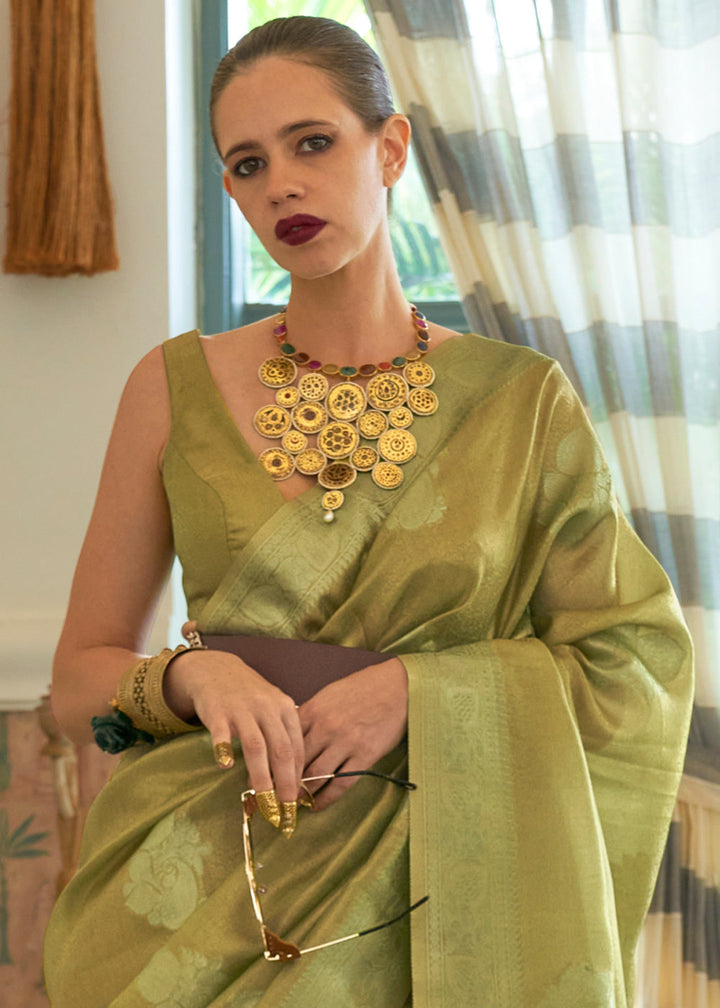 Shades Of Green Woven Satin Tissue Silk Saree