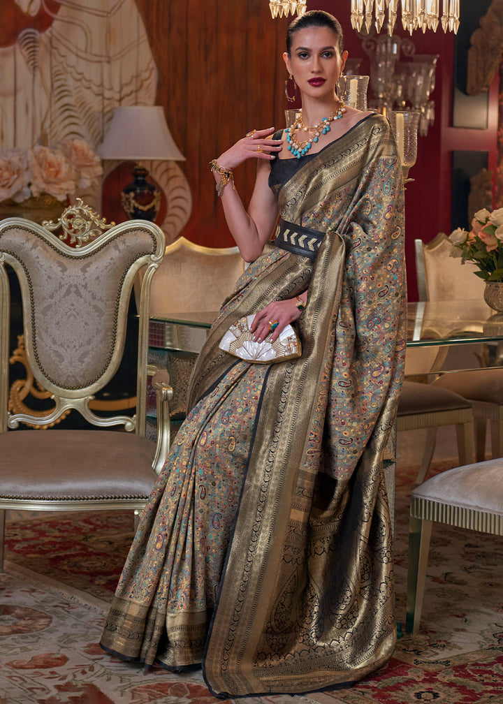 Golden Black Kashmiri Jamawar Woven Silk Saree