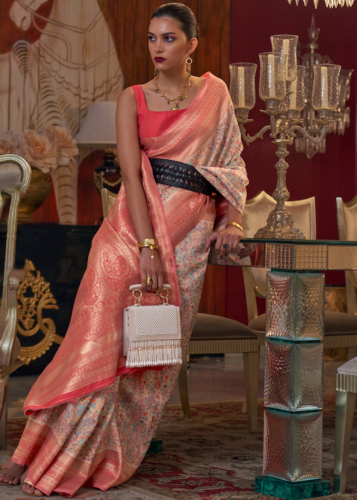 Peach Pink Kashmiri Jamawar Woven Silk Saree