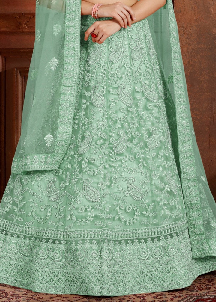 Pista Green Soft Net Lehenga Choli with Thread, Zarkan & Pearl work