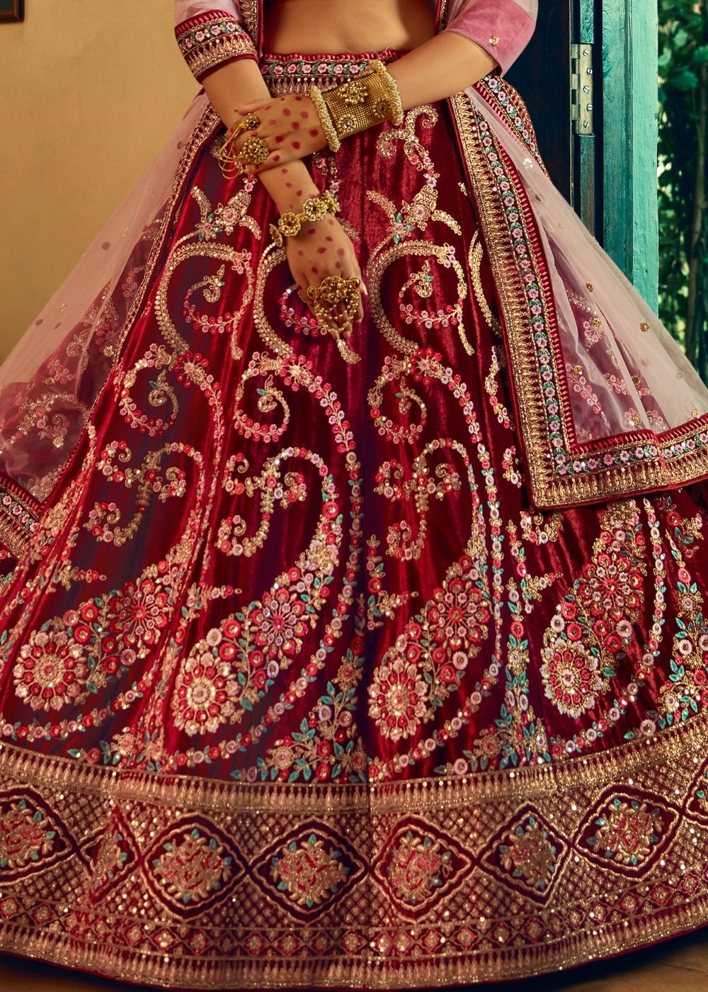 Berry Red Bridal Velvet Lehenga Choli with Embroidery & Hand work