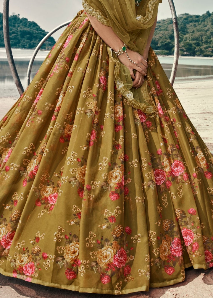 Avocado Green Designer Printed Organza Lehenga with Soft Net Dupatta