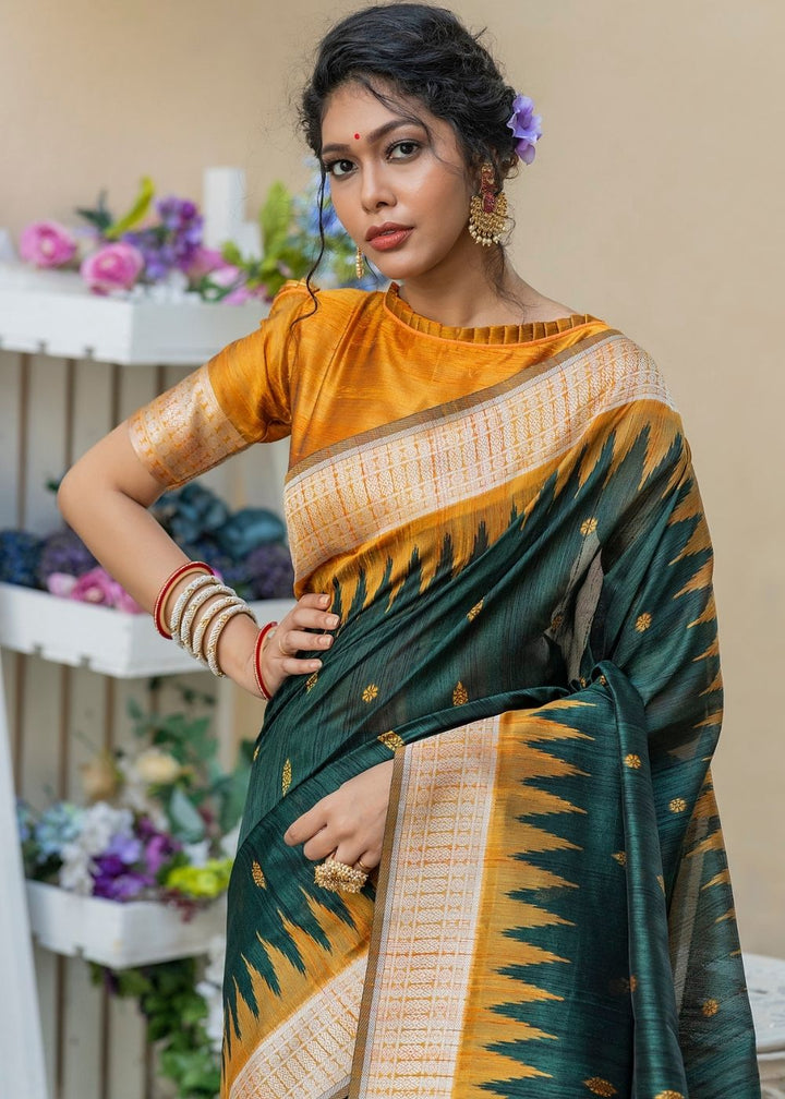 Pine Green Tussar Silk Saree with Heavy Zari work Pallu