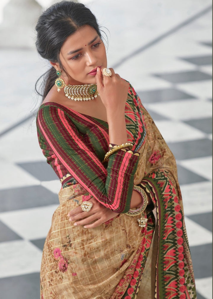 Beige Brown Floral Digital Print Silk Saree