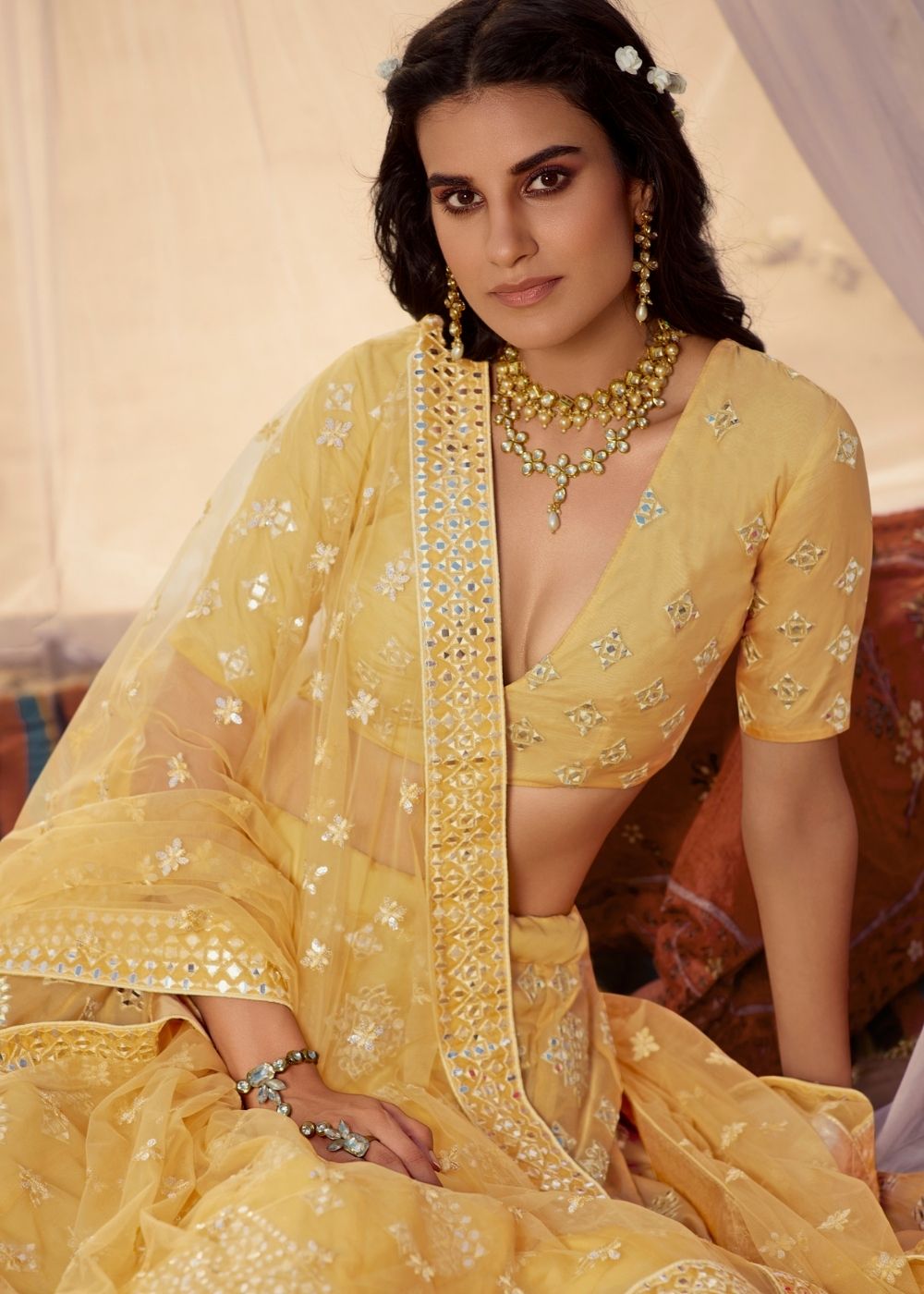 Canary Yellow Organza Lehenga Choli with Thread, Foli and Mirror work