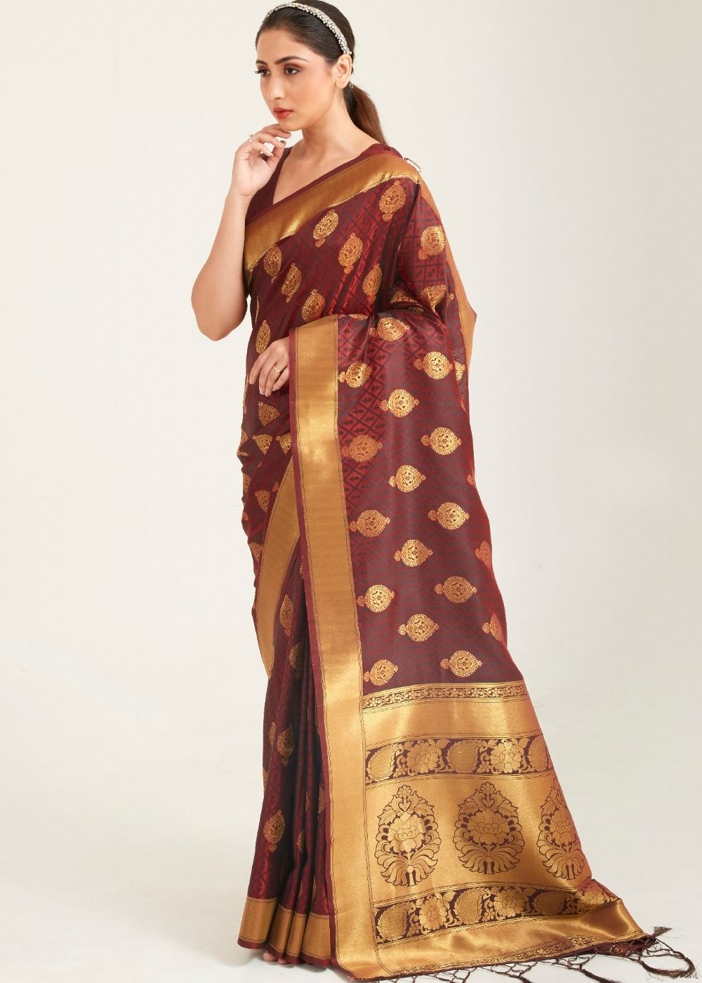 Caramel Brown Zari Butta Woven Banasari Silk Saree