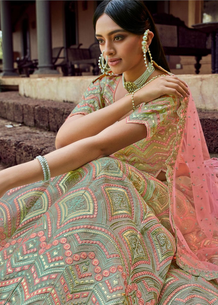 Pista Green Organza Lehenga Choli with Gota & Resham work