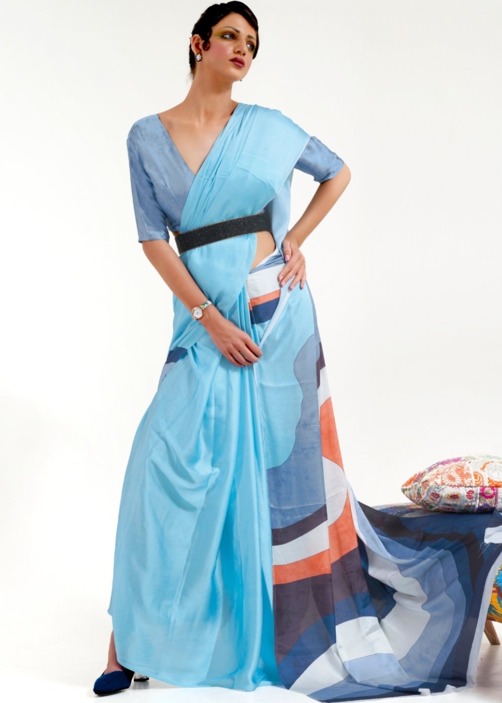 Baby Blue Digital Printed Satin Crepe Saree