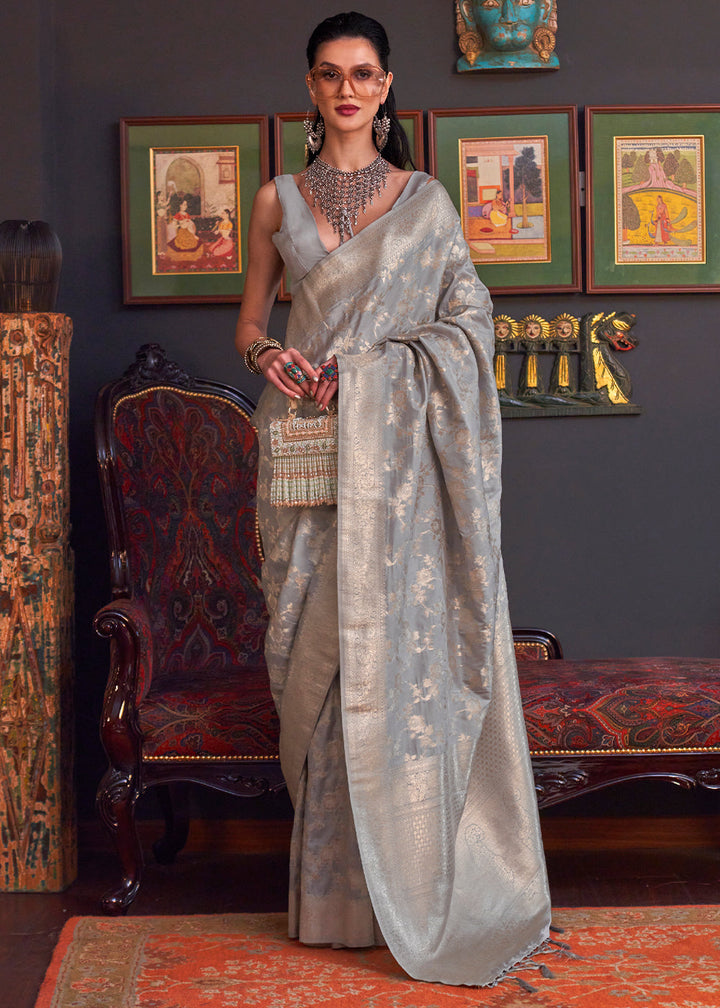 Oxford Grey Zari Woven Banarasi Katan Silk Saree