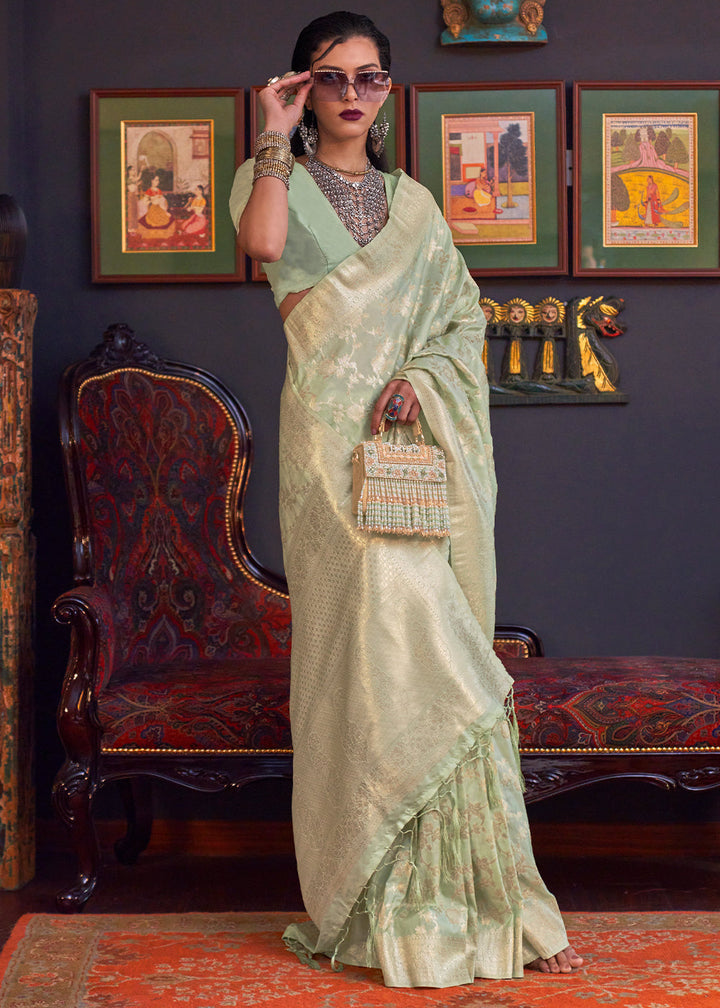 Pastel Green Zari Woven Banarasi Katan Silk Saree