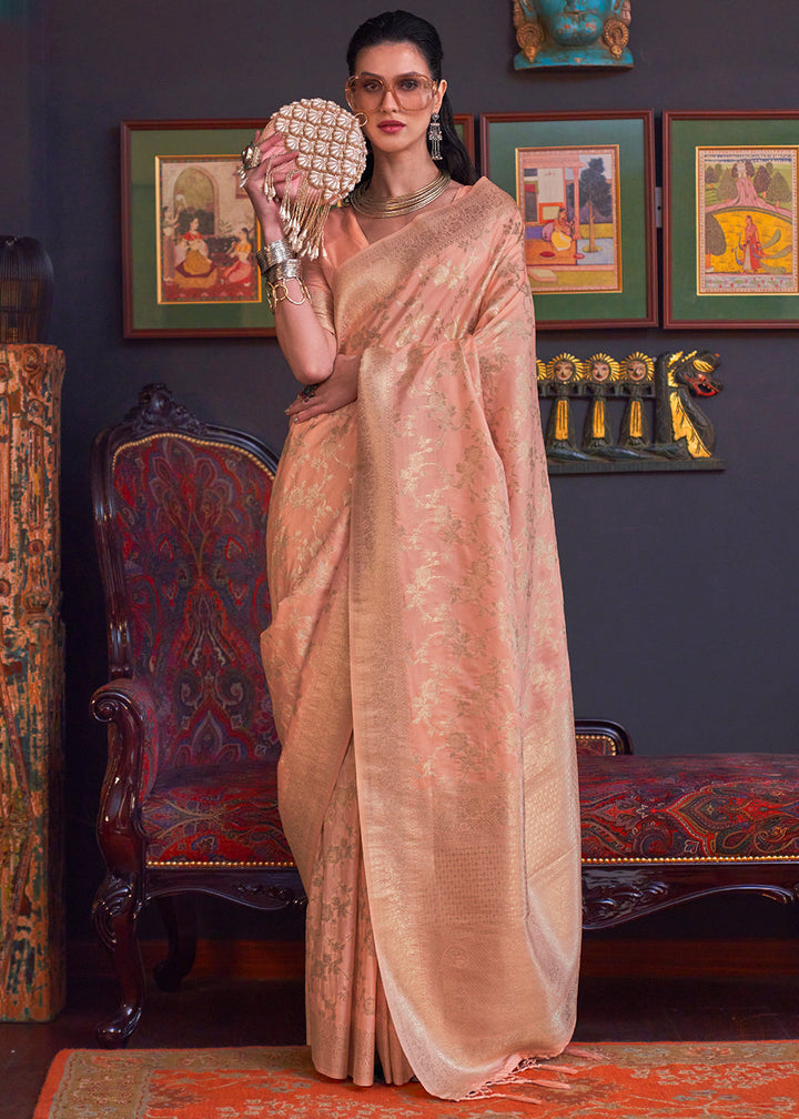 Peach Pink Zari Woven Banarasi Katan Silk Saree