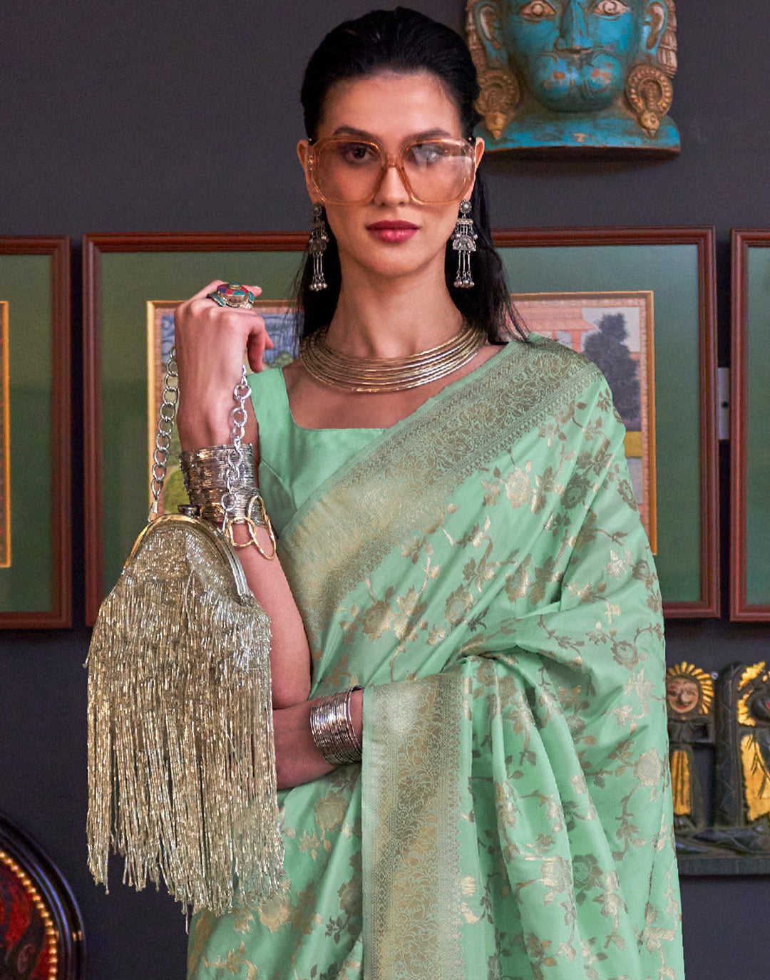 Mint Green Zari Woven Banarasi Katan Silk Saree