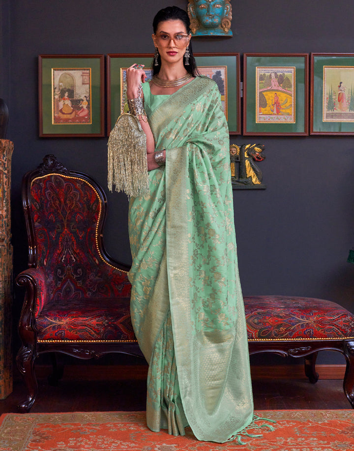 Mint Green Zari Woven Banarasi Katan Silk Saree