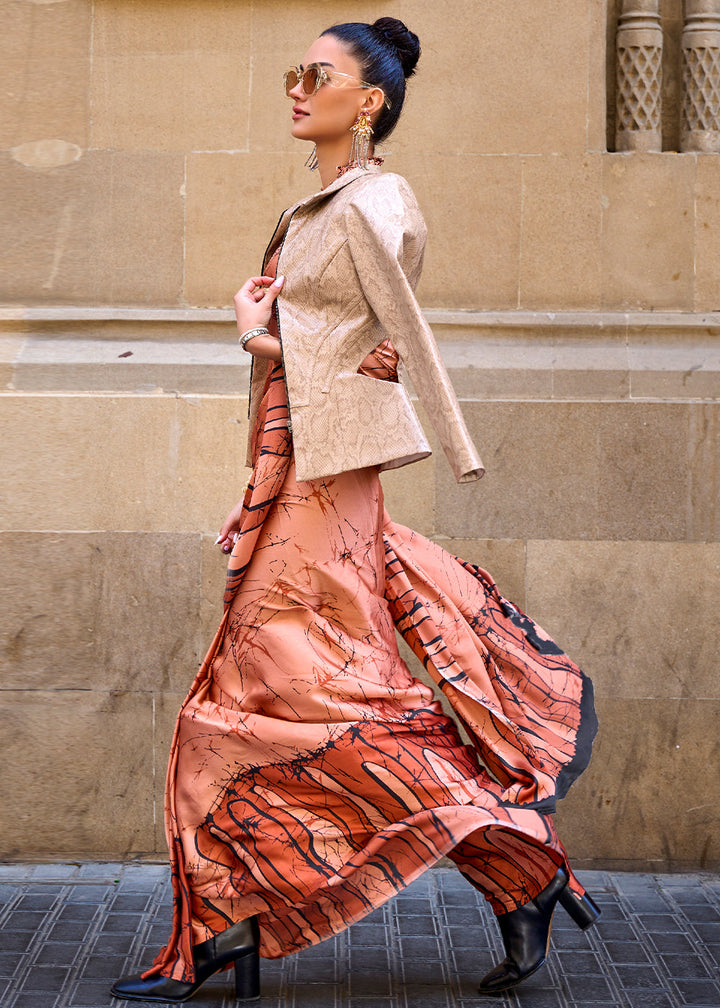 Shades Of Orange Designer Satin Crepe Printed Saree