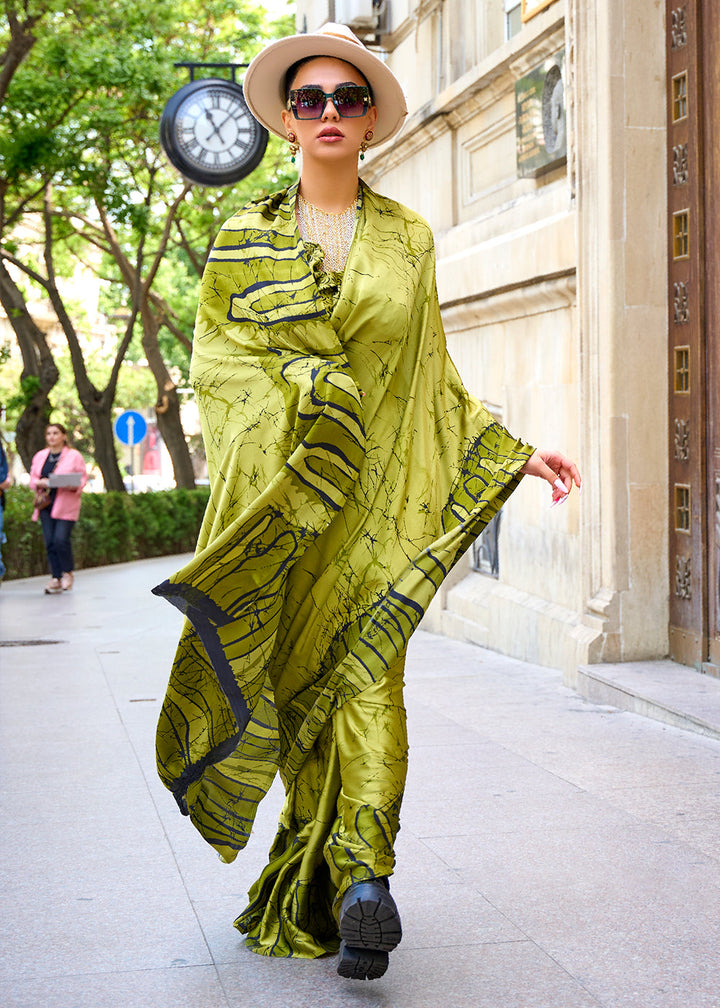 Avocado Green Designer Satin Crepe Printed Saree