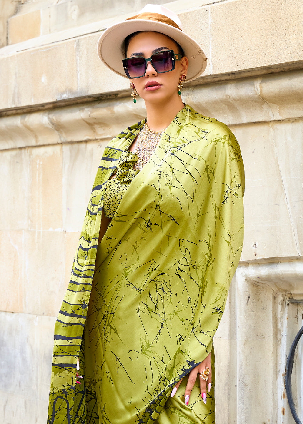 Avocado Green Designer Satin Crepe Printed Saree