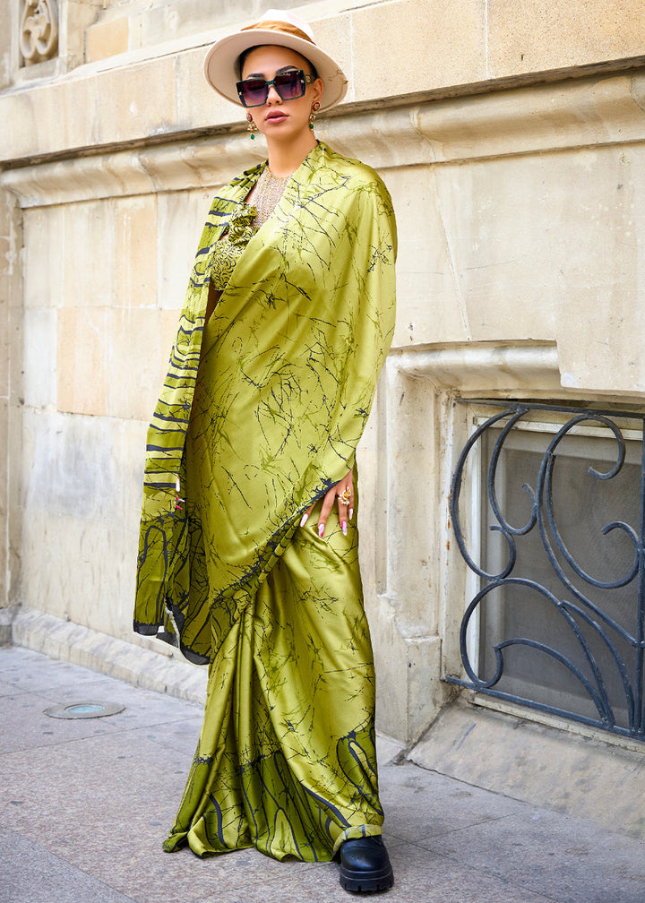 Avocado Green Designer Satin Crepe Printed Saree