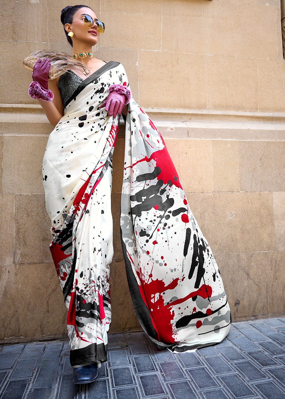 Rice White Designer Satin Crepe Printed Saree