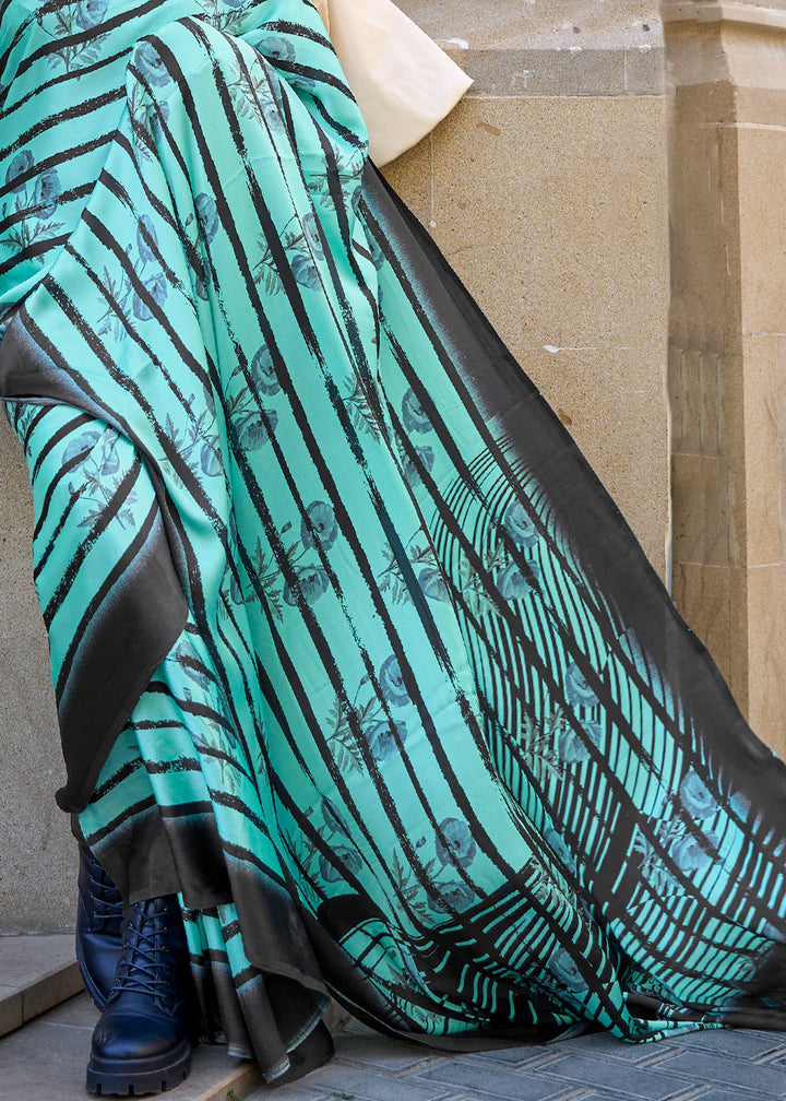 Tiffany Blue Designer Satin Crepe Printed Saree