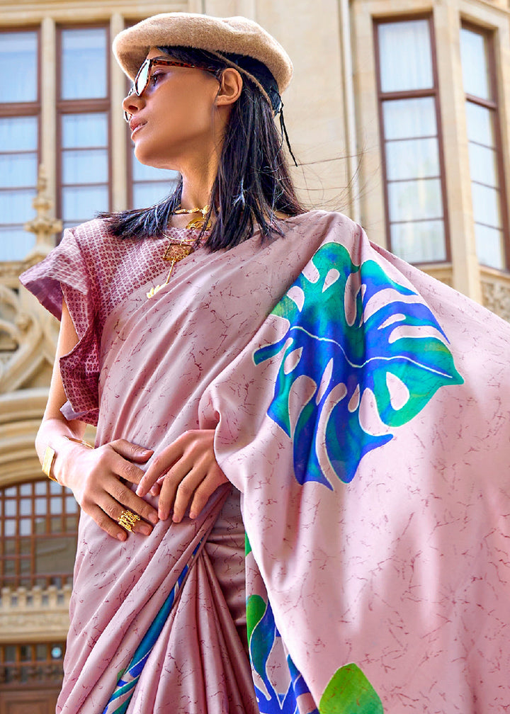 Flamingo Pink Designer Satin Crepe Printed Saree