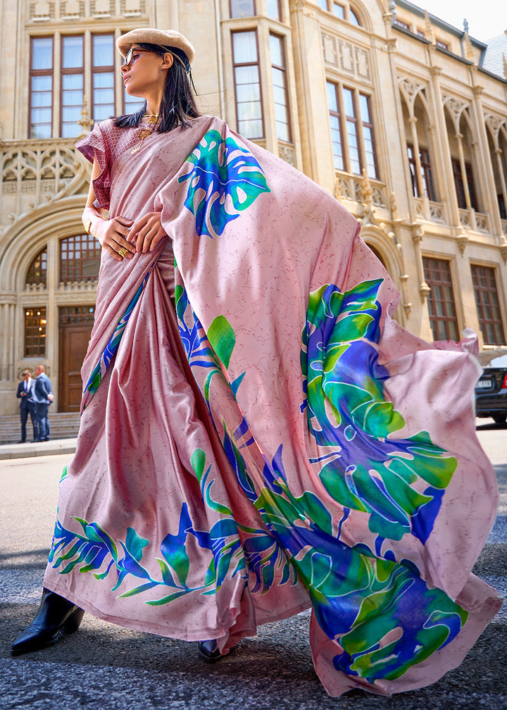 Flamingo Pink Designer Satin Crepe Printed Saree