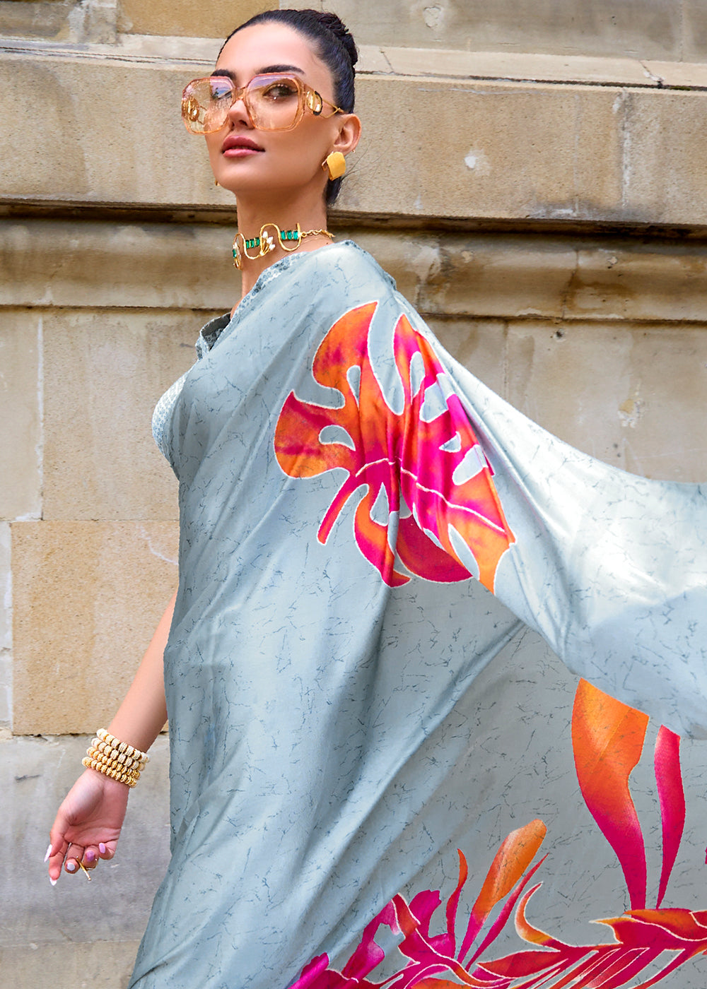 Pearl River Grey Designer Satin Crepe Printed Saree