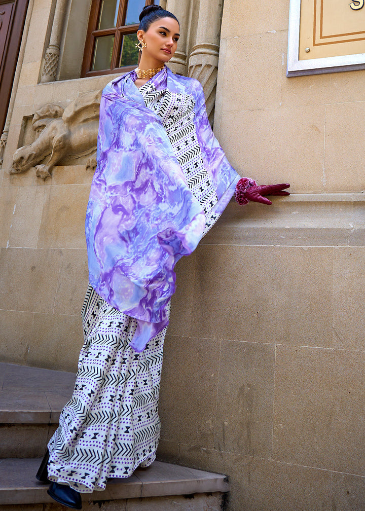 White & Purple Designer Satin Crepe Printed Saree