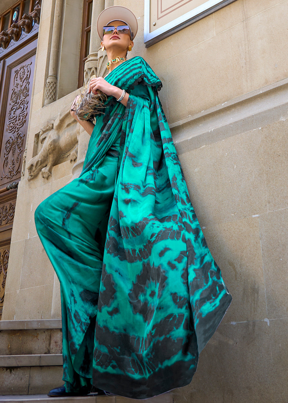 Dark Cyan Green Designer Satin Crepe Printed Saree