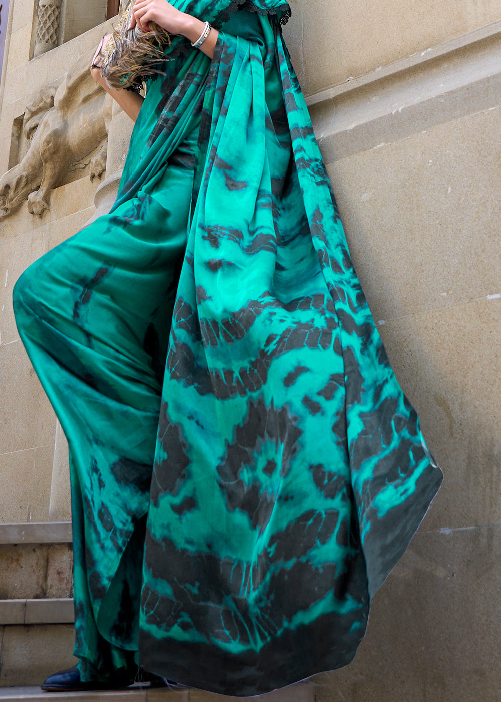 Dark Cyan Green Designer Satin Crepe Printed Saree