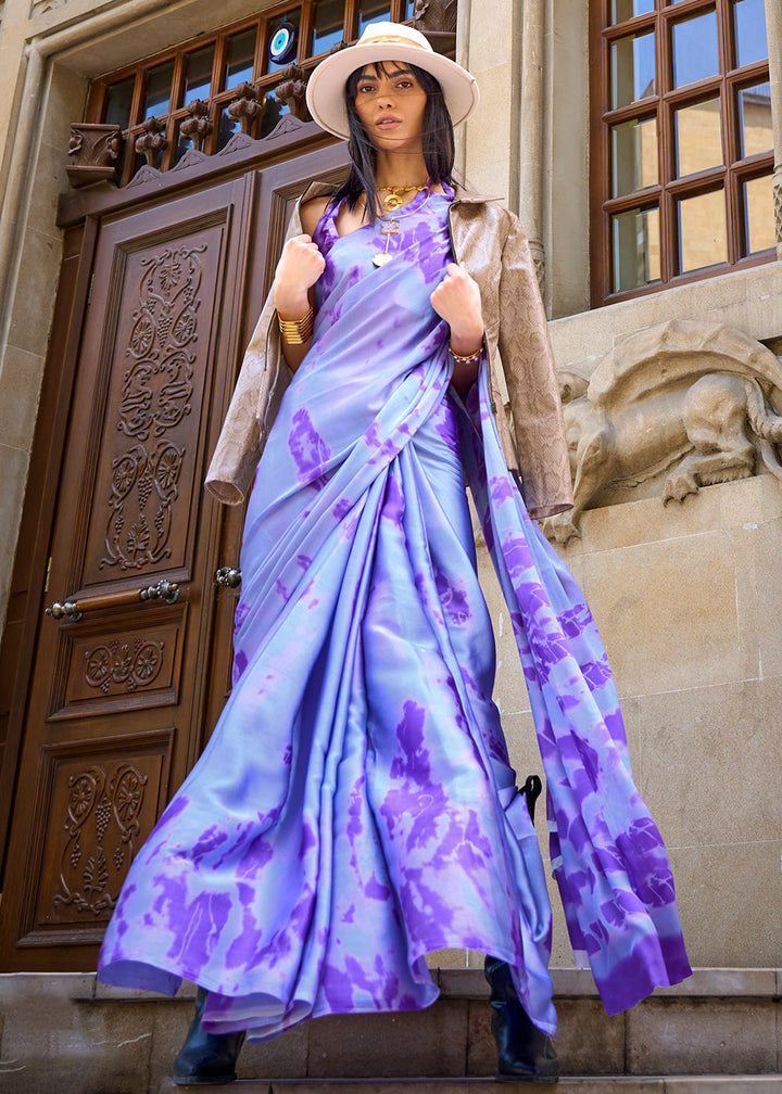 Shades Of Purple Designer Satin Crepe Printed Saree