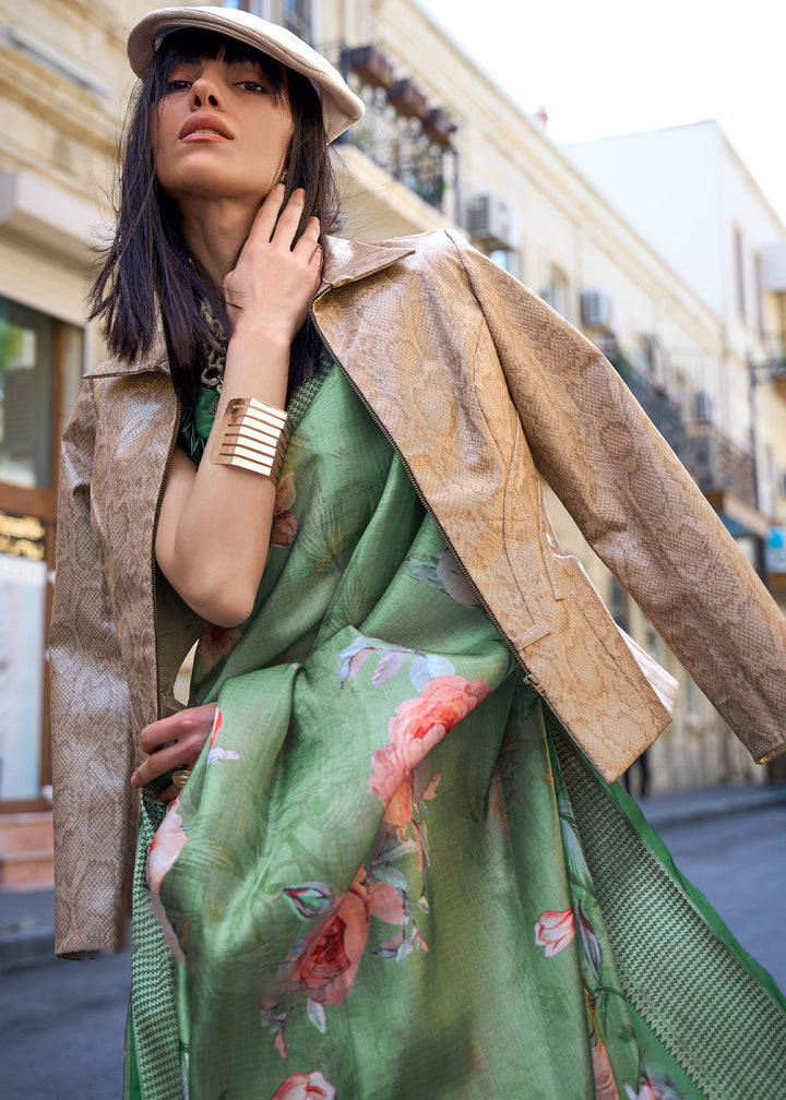 Shades Of Green Floral Printed Satin Organza Saree