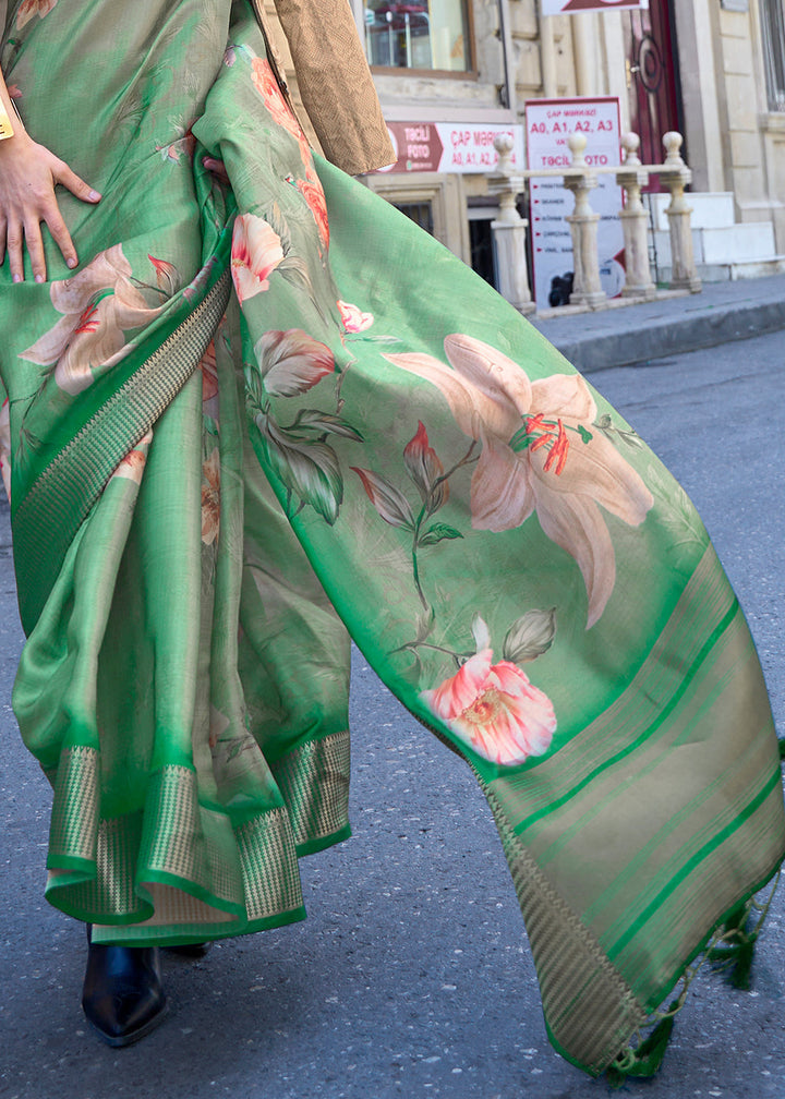 Shades Of Green Floral Printed Satin Organza Saree