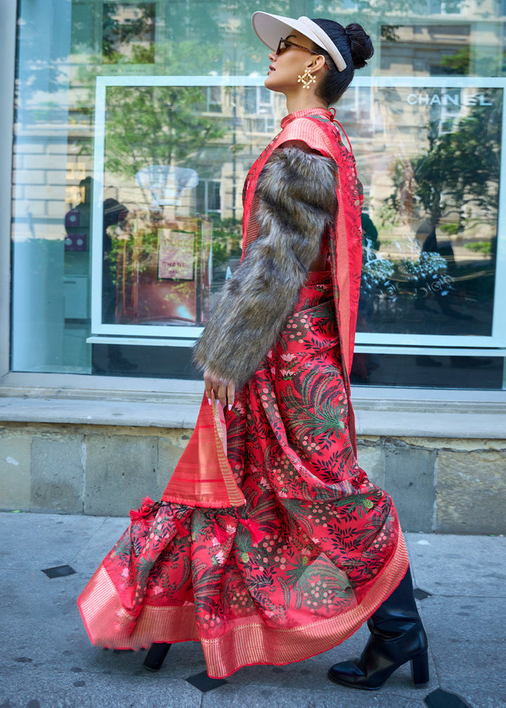 Crimson Red Floral Printed Satin Organza Saree