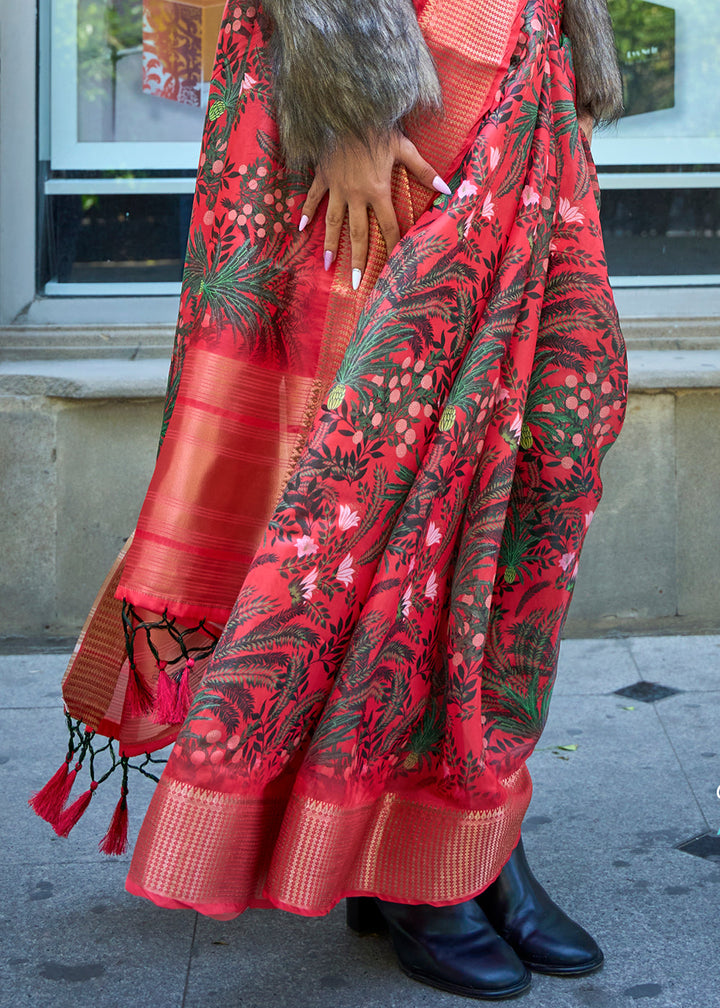 Crimson Red Floral Printed Satin Organza Saree