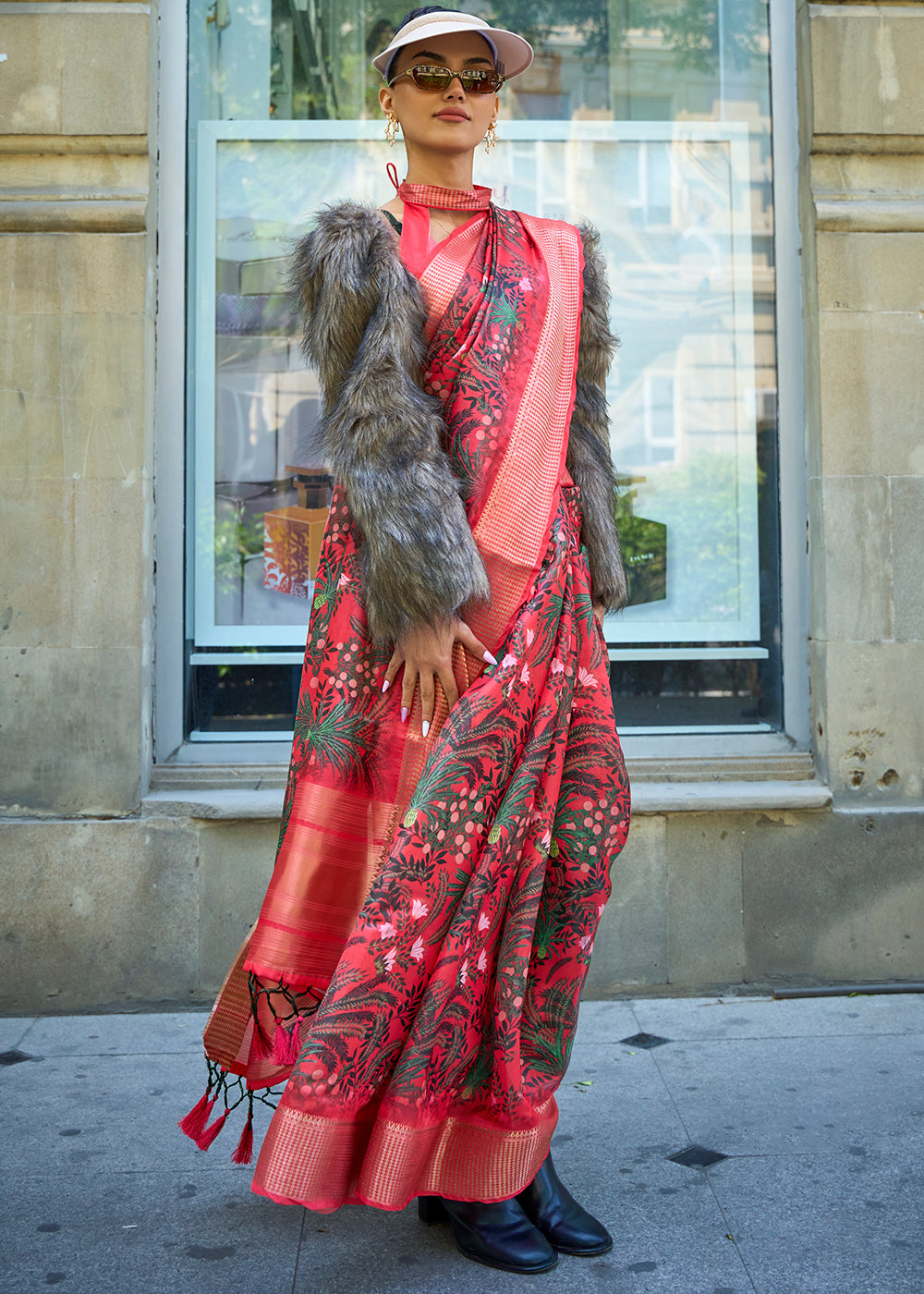 Crimson Red Floral Printed Satin Organza Saree