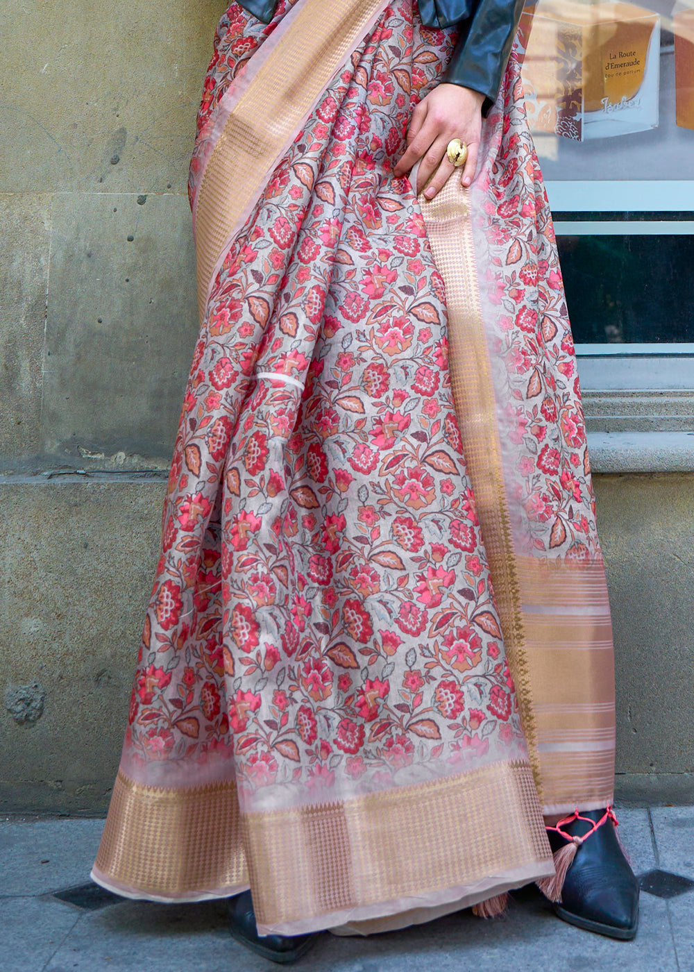 Pink & Beige Floral Printed Satin Organza Saree