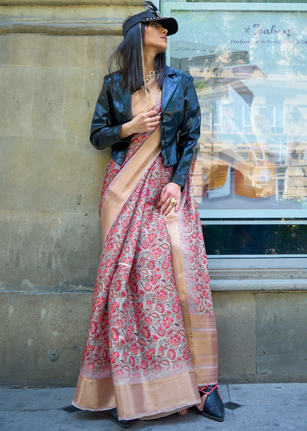 Pink & Beige Floral Printed Satin Organza Saree