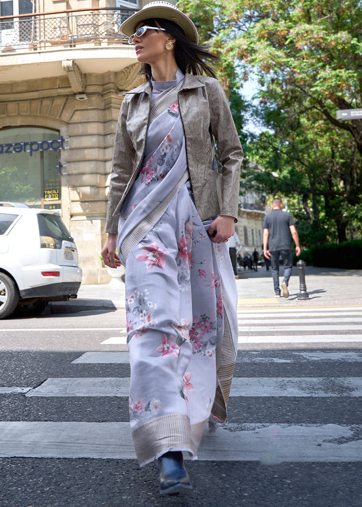 Misty Grey Floral Printed Satin Organza Saree