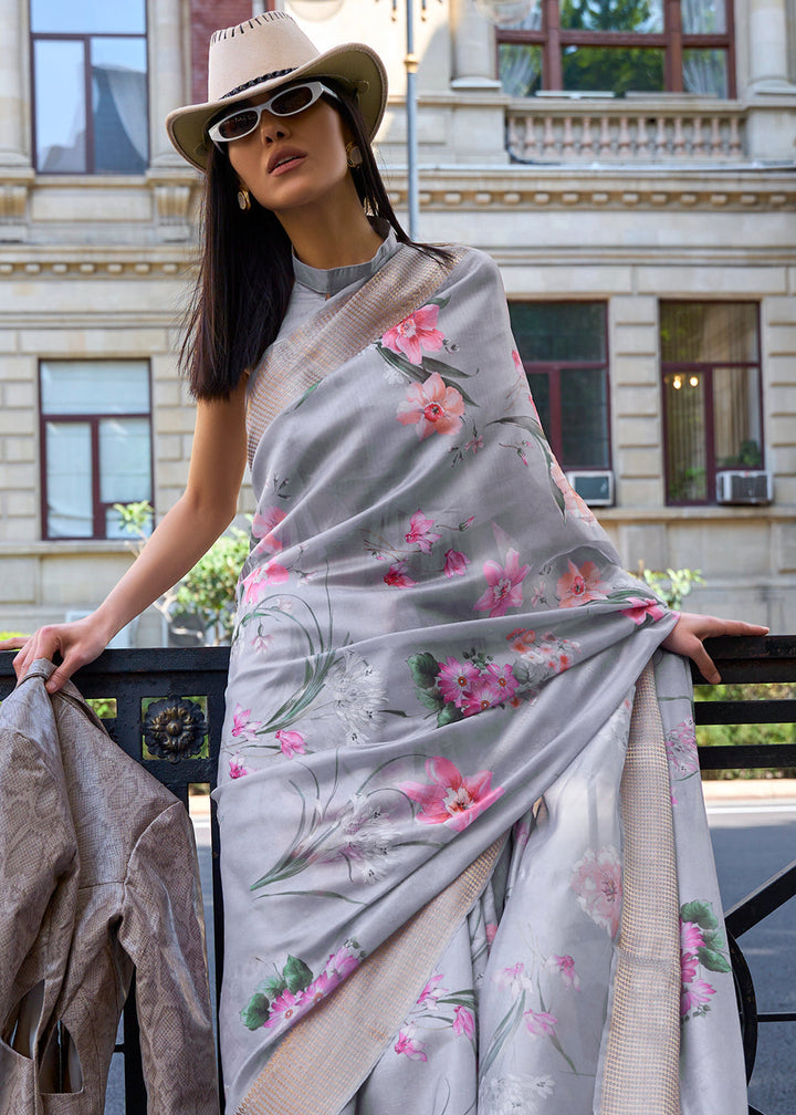 Misty Grey Floral Printed Satin Organza Saree