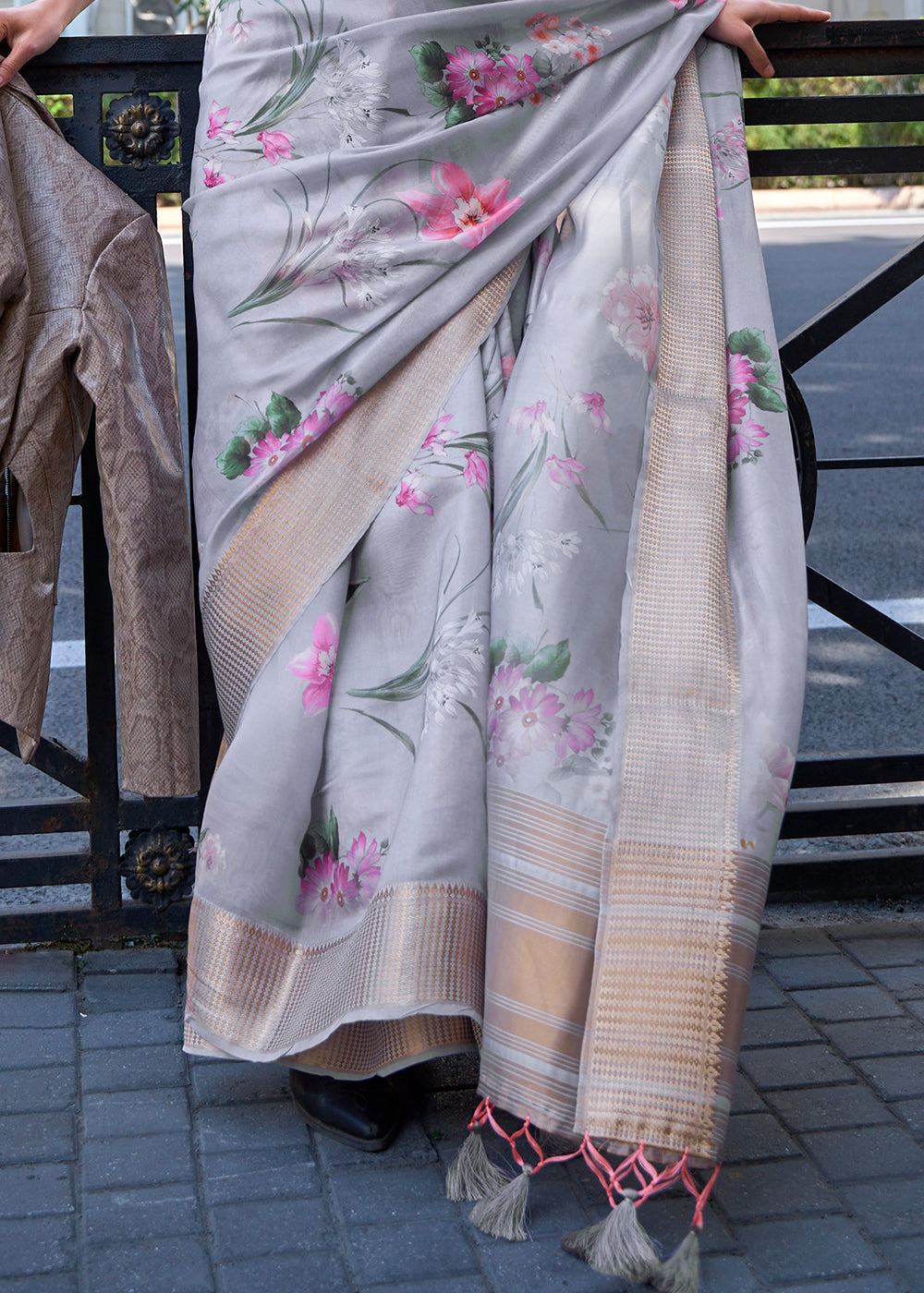 Misty Grey Floral Printed Satin Organza Saree