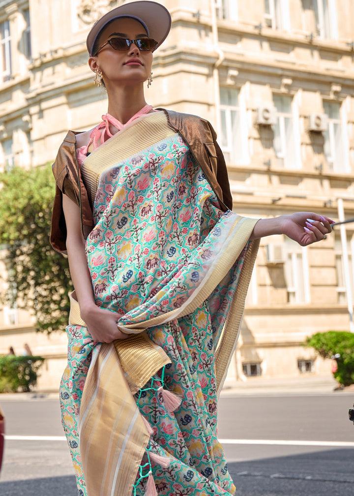 Tea Green Floral Printed Satin Organza Saree