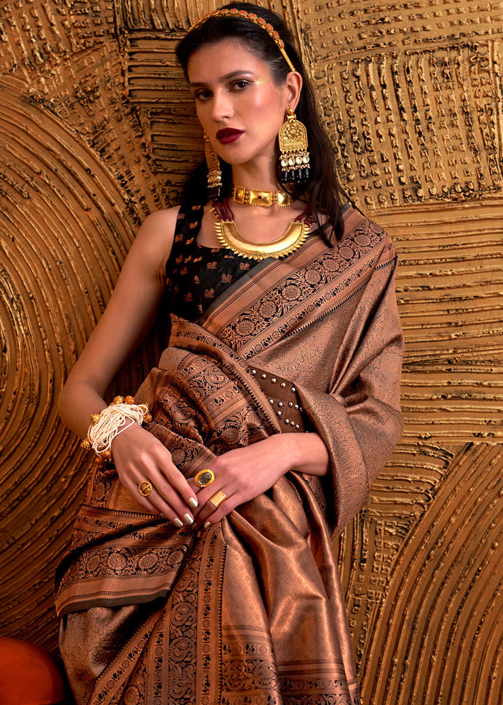 Metallic Brown Handloom Woven Designer Silk Saree