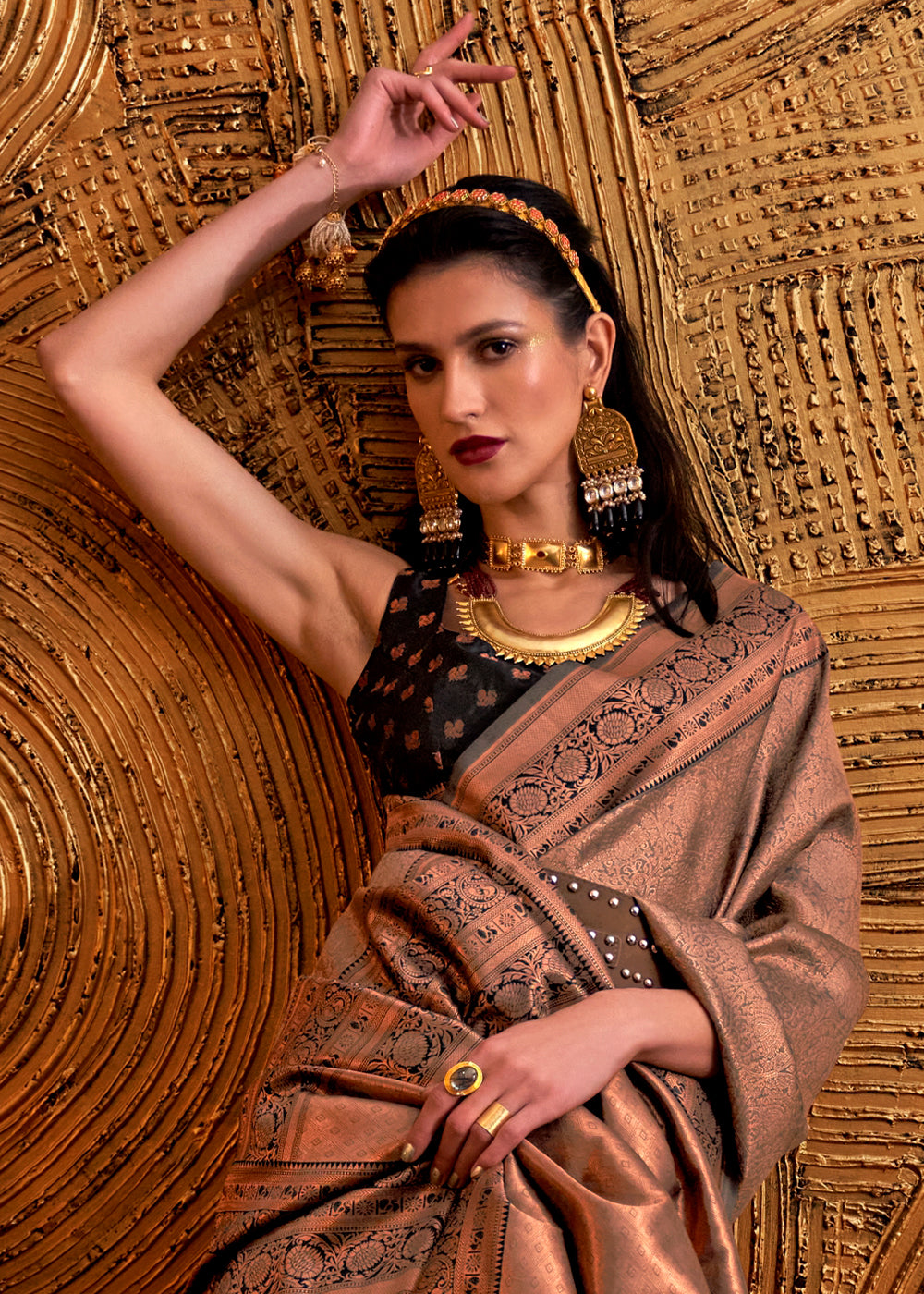 Metallic Brown Handloom Woven Designer Silk Saree