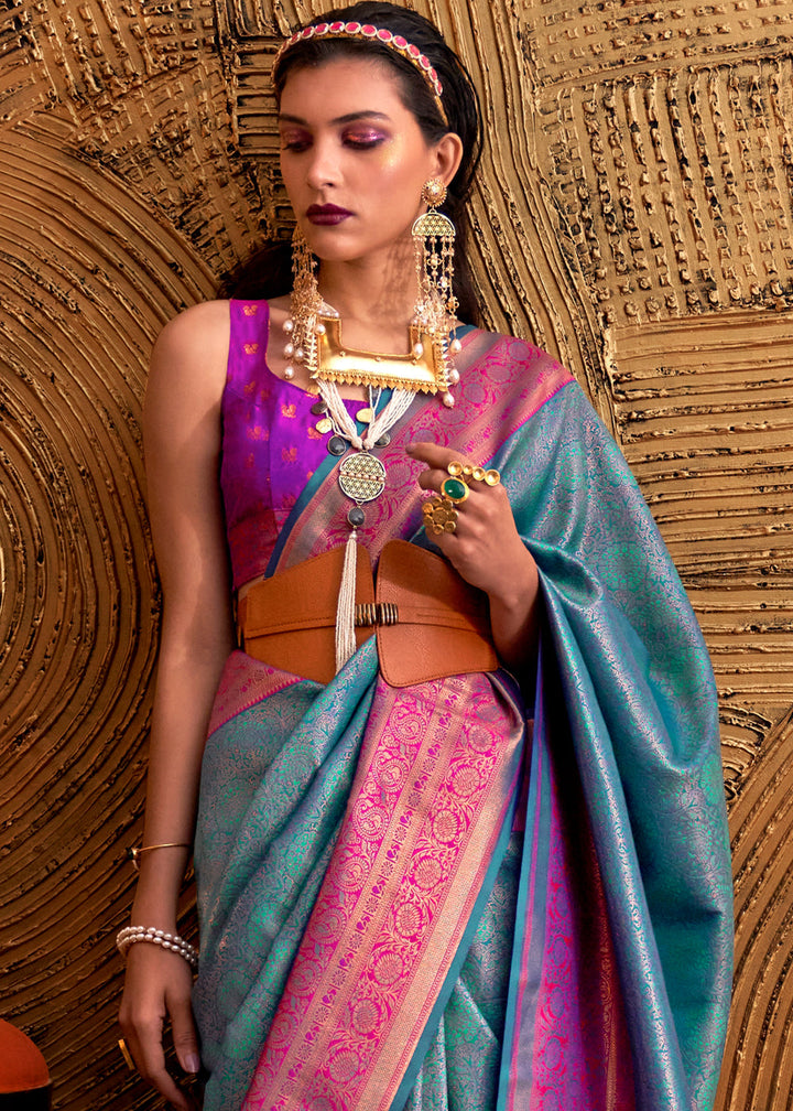 Celadon Blue Handloom Woven Designer Silk Saree