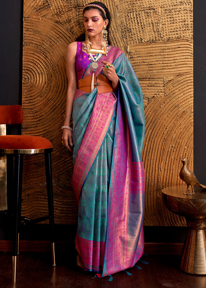 Celadon Blue Handloom Woven Designer Silk Saree