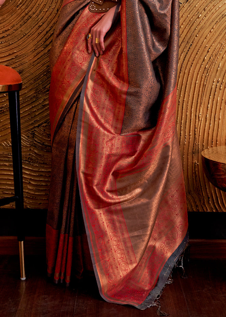 Red & Brown Handloom Woven Designer Silk Saree