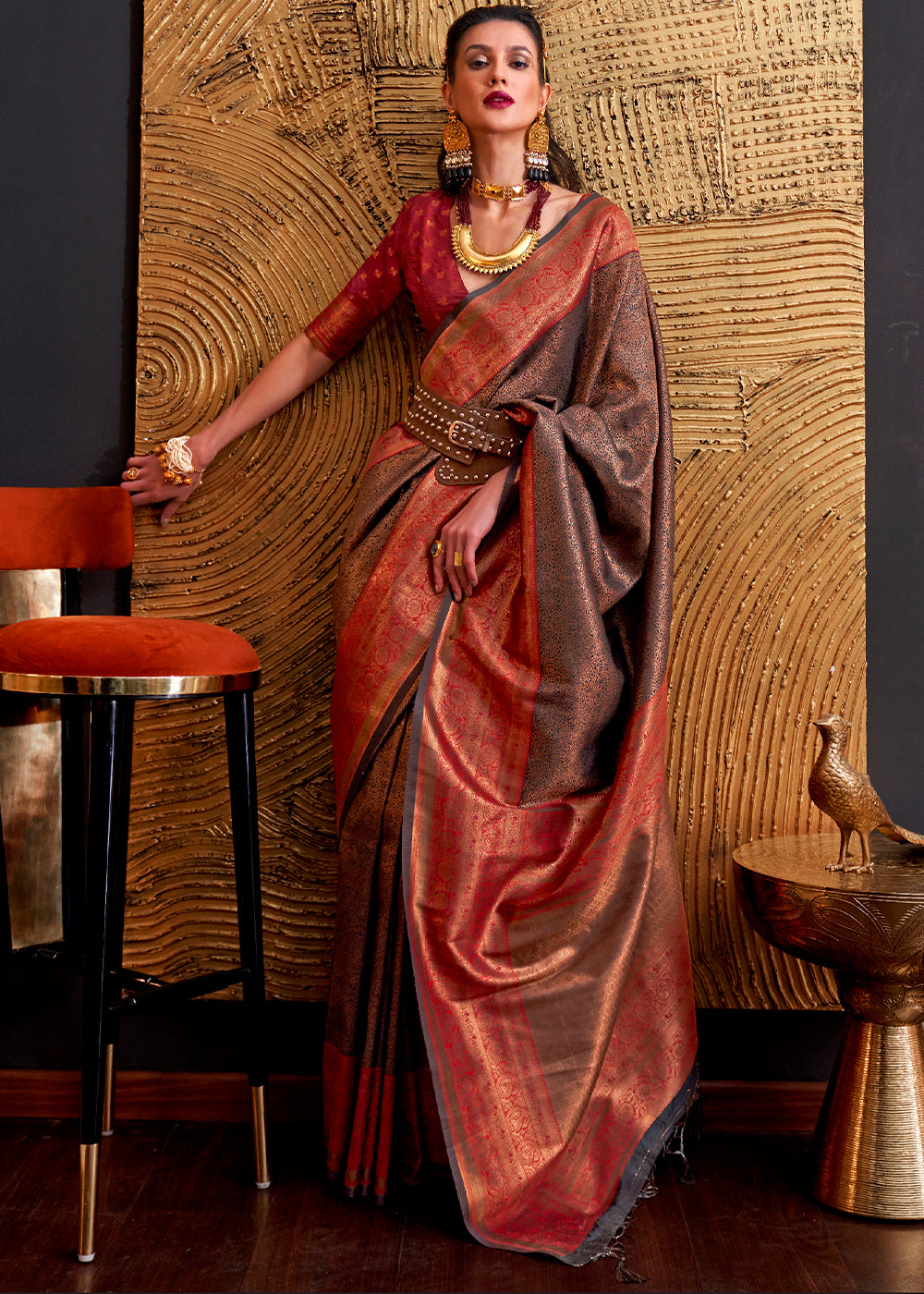 Red & Brown Handloom Woven Designer Silk Saree