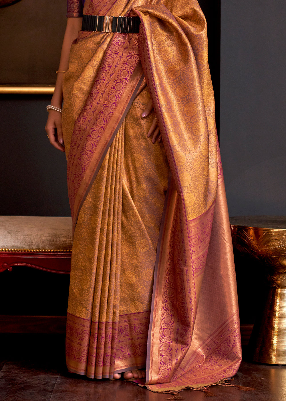 Mikado Yellow Handloom Woven Designer Silk Saree